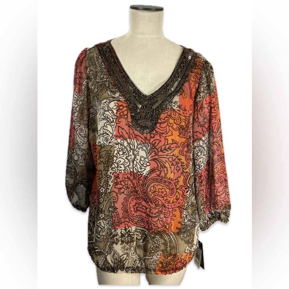 🍁 Zac & Rachel Multicolor Paisley V-Neck Beaded Blouse size 1X NWT